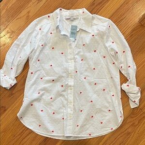 LOFT White Shirt with Red Heart Accents